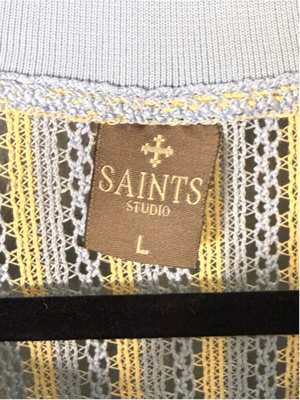Men's SAINTS STUDIO Light Blue Ecru Striped Knit Polo Shirt L - Picture 3 of 7